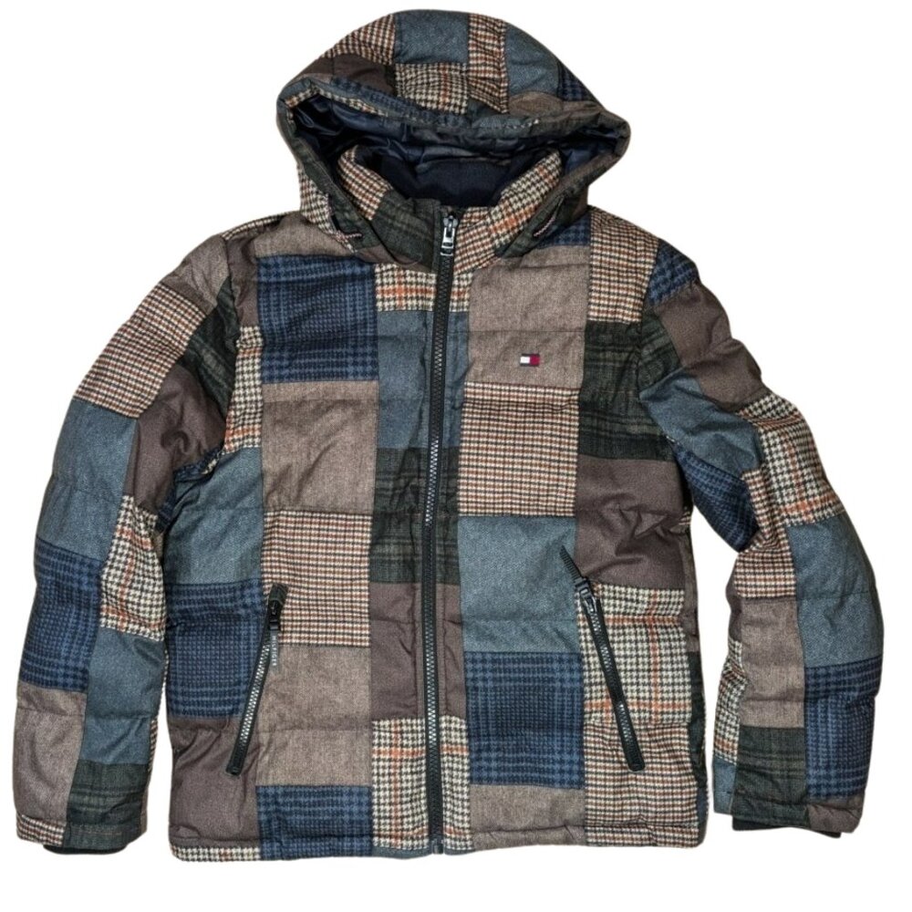 Tommy Hilfiger Men’s M Patchwork Puffer Jacket Hooded Plaid Tweed Print Quilted